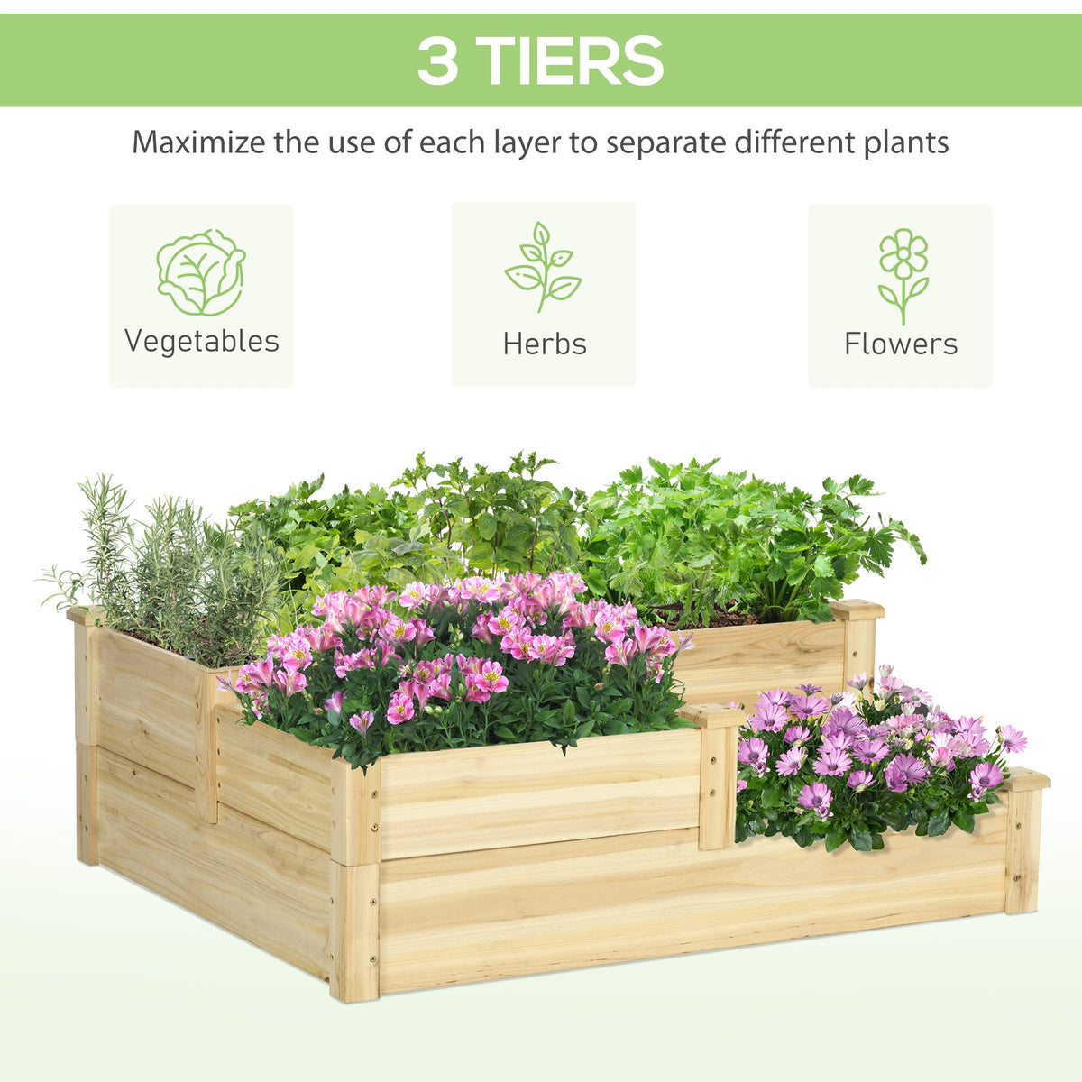 3-Tier Raised Garden Bed, 42.5" x 34.75" x 14.25", Natural — product view 6