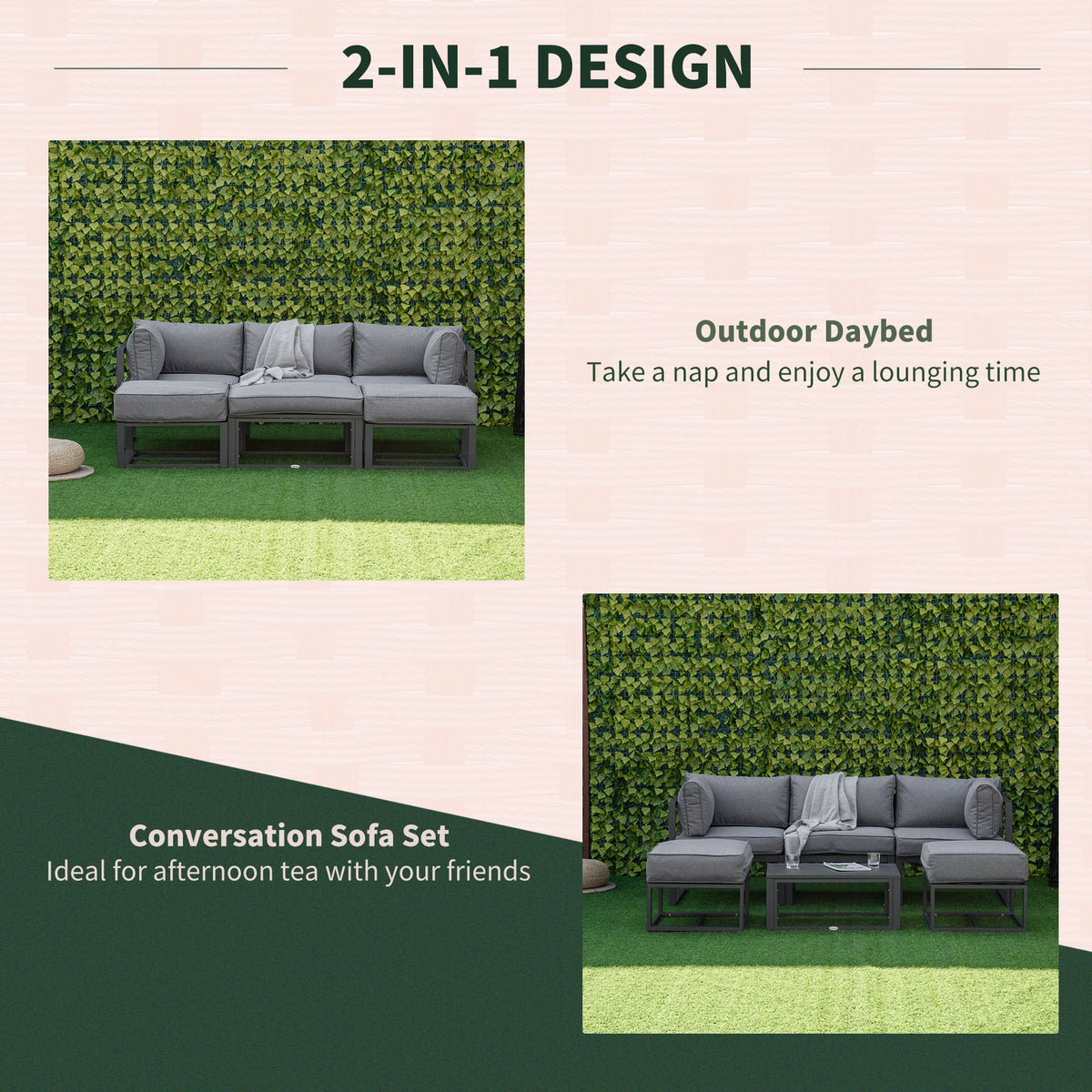 6pc Outdoor Patio Furniture Set with Daybed and Footstools, Grey — product view 6