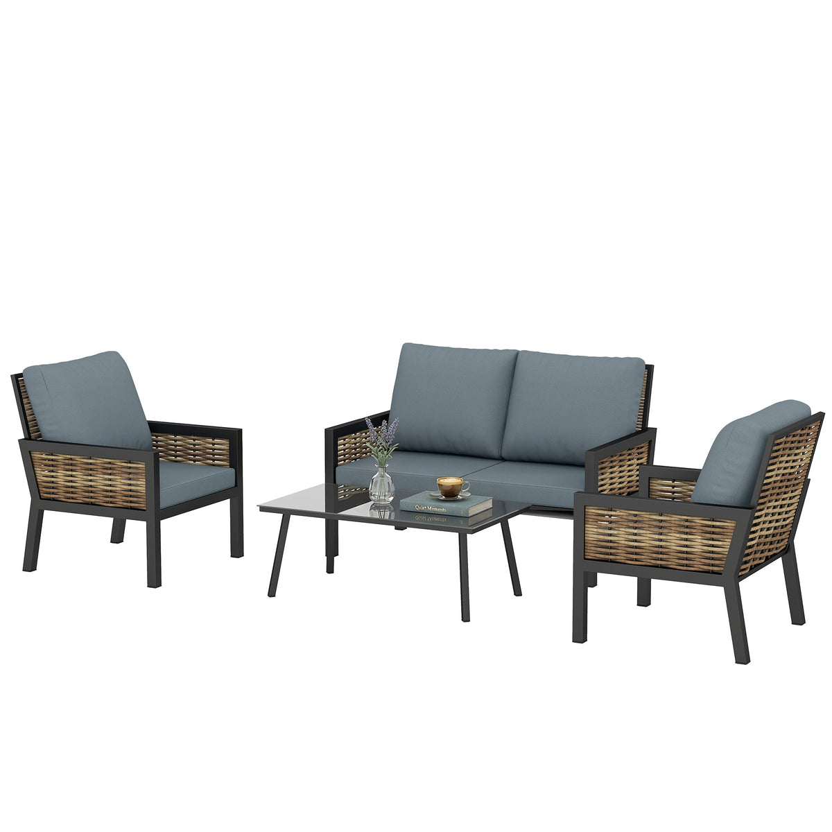 4-Seater Rattan Sofa Set with Cushions, Loveseat, 2 Armchairs & Coffee Table Grey — product view 2
