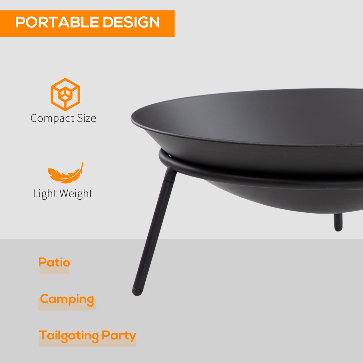 Dia. 47 x 21 cm Portable Outdoor Fire Pit with Poker, Black — product view 6