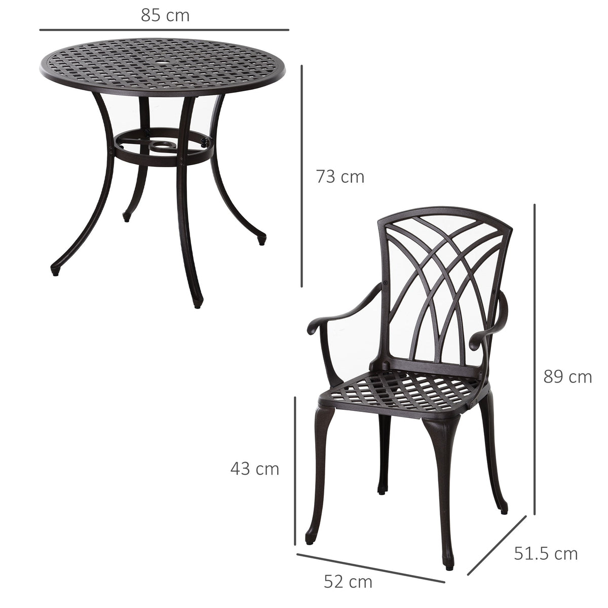 5 Piece Cast Aluminium Garden Dining Set with Parasol Hole, Brown — product view 5