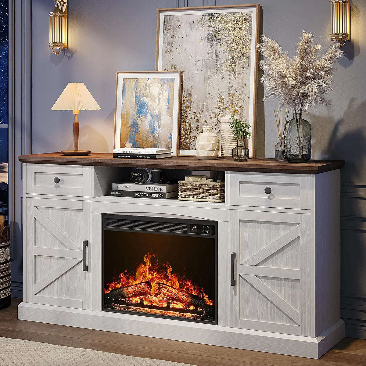 Farmhouse Fireplace TV Stand for TVs up to 70 Inch, Entertainment Center with 23 Inch Electric Fireplace, Drawers & Storage, Antique White — product view 3