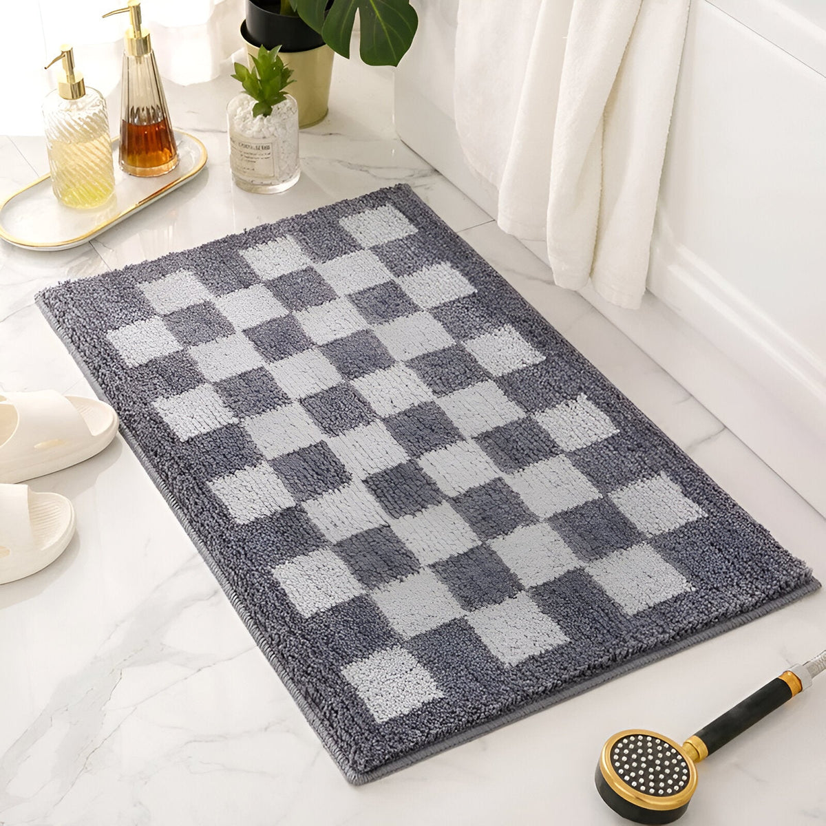 LoungeYard | Plush Checkered Microfiber Bath Mat Black and White — product view 3