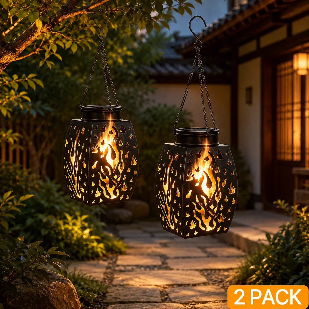16 Inch Solar Hanging Lantern 2-Pack, Bronze Flickering Flame Outdoor Lanterns, Waterproof Metal Landscape Lights for Garden & Patio — product view 1