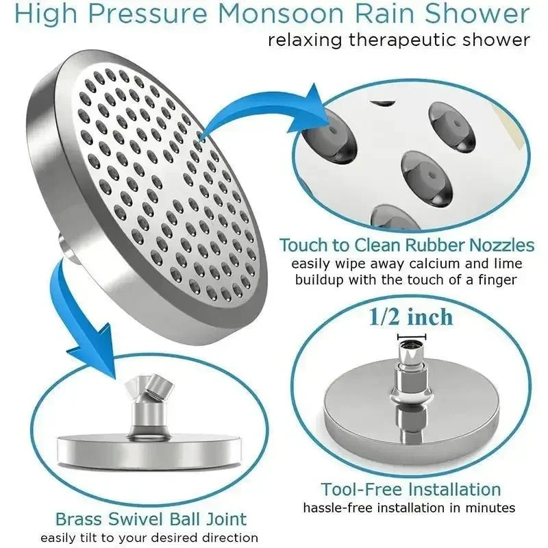 High-Pressure Rain Shower Head with Arm | Round Model – Wall Mount LoungeYard — product view 3