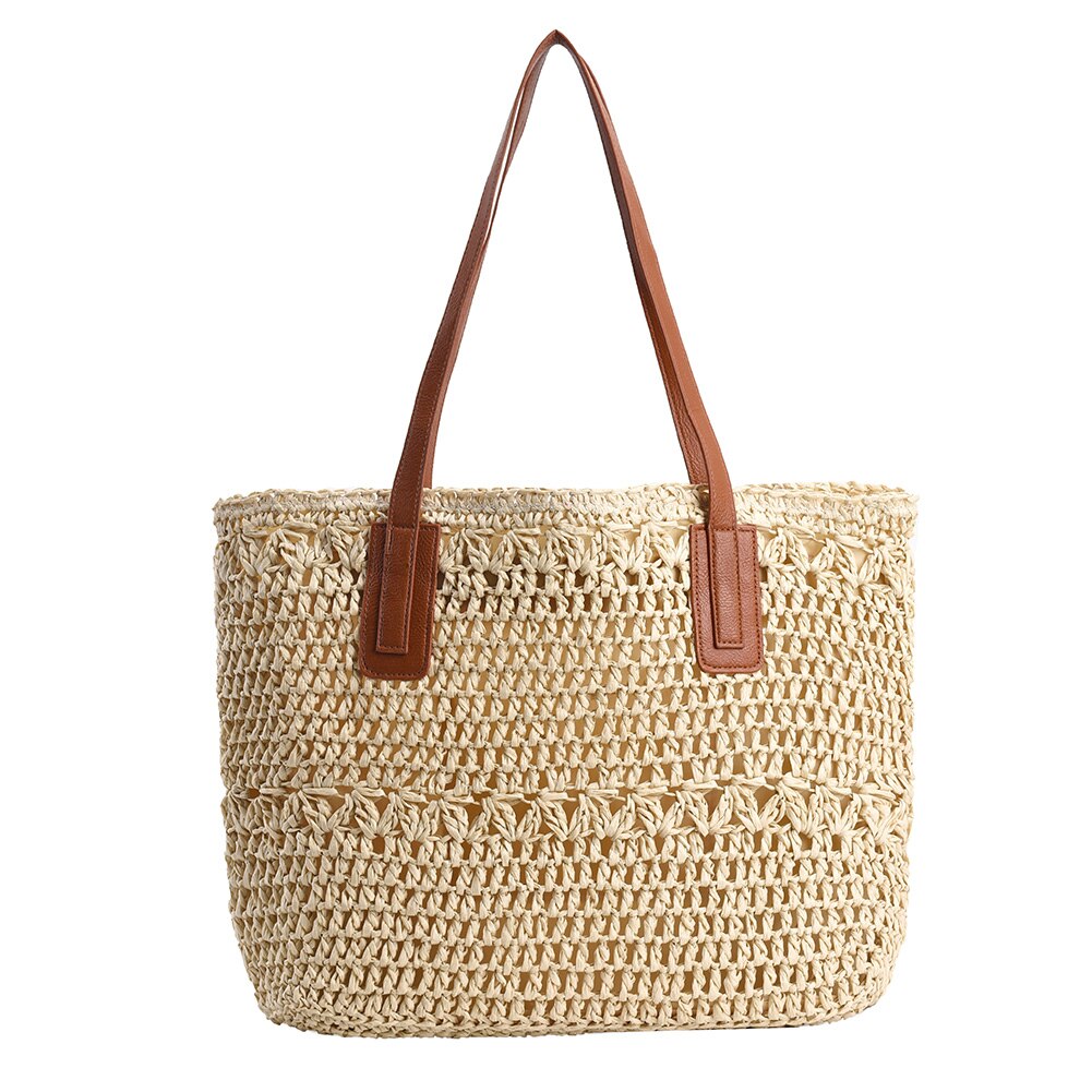 LoungeYard | Genevieve | Chic Straw Tote Bag with Genuine Leather Straps – Elegant Summer Handbag — product view 1