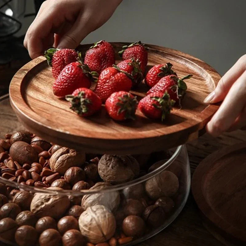 LoungeYard | Glass bowl with wooden lid – Sturdy storage bowl for snacks and sweets — product view 2