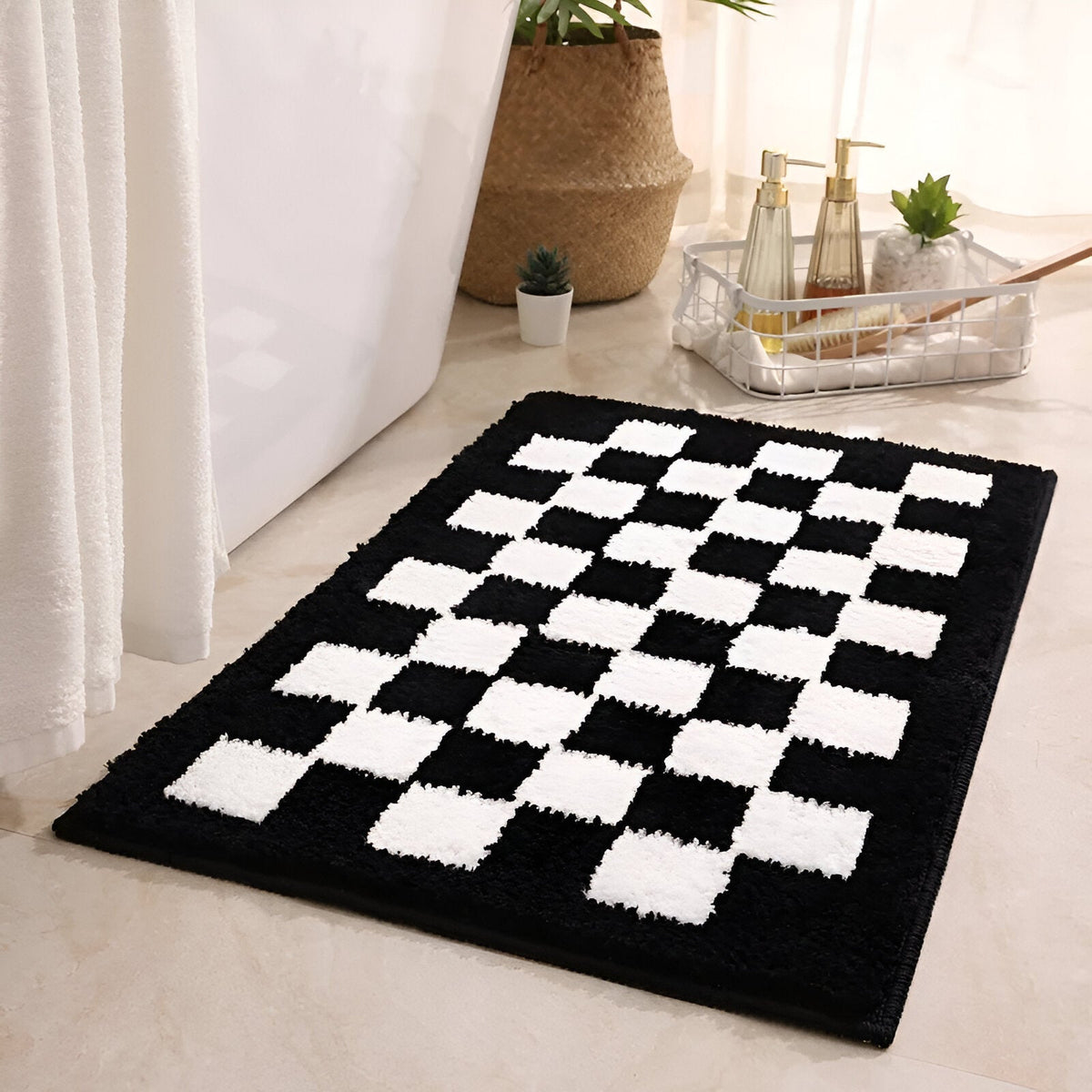LoungeYard | Plush Checkered Microfiber Bath Mat Black and White — product view 1