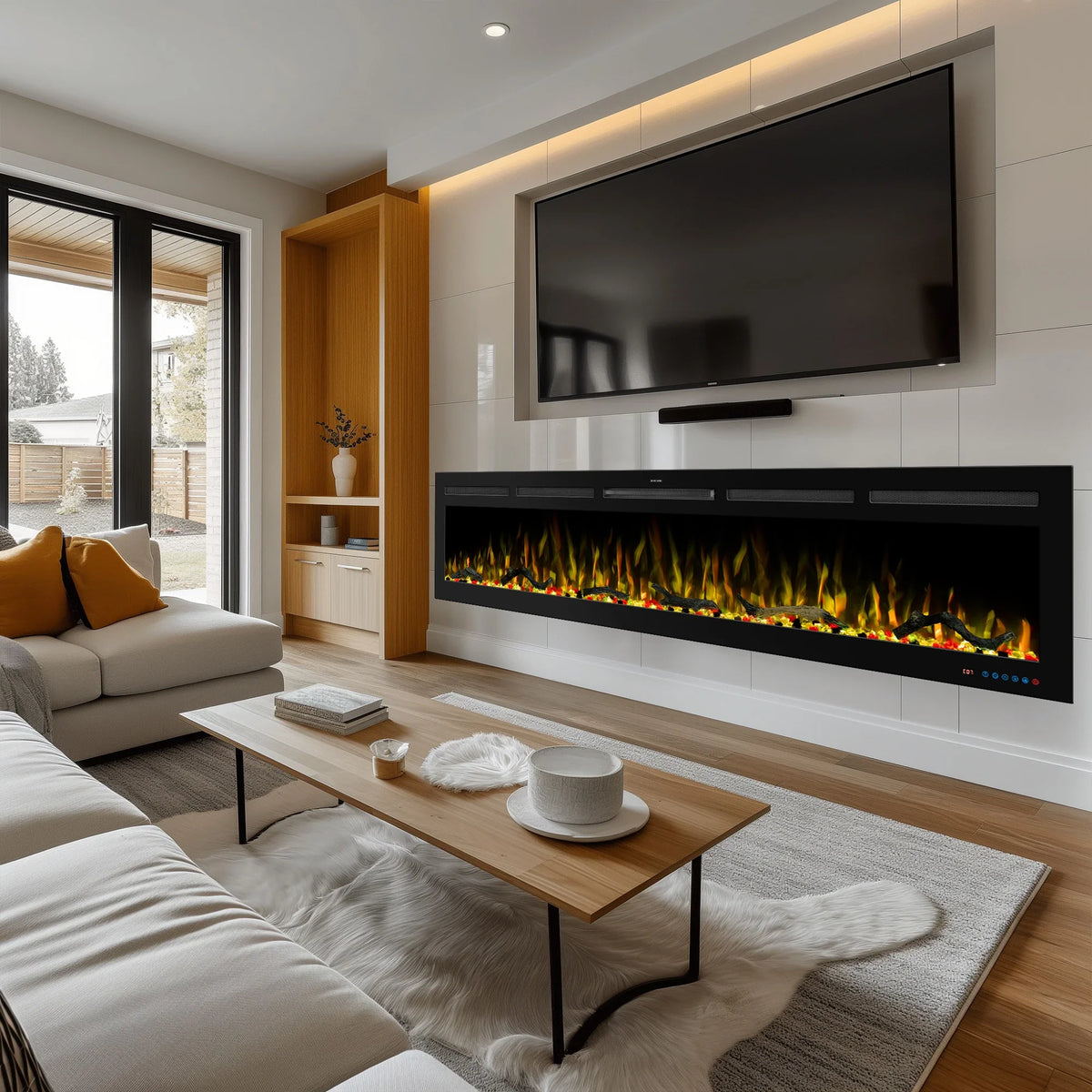 80 Inch Wall-mounted And Recessed Electric Fireplace, Multi Flame And Log Bed Colors W Smart APP Control — product view 1