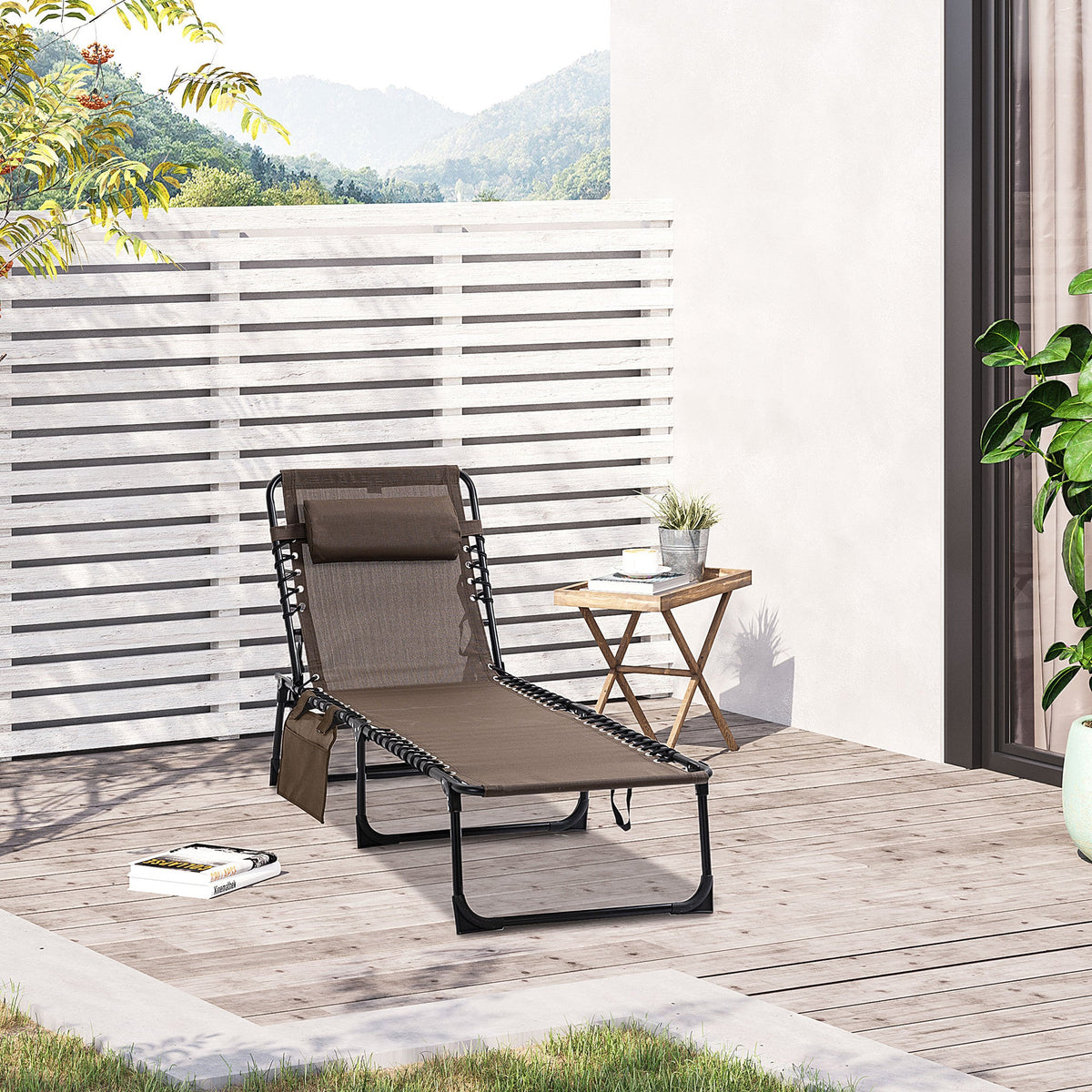 Folding Lounge Chair with Adjustable Backrest and Pillow, Brown — product view 4