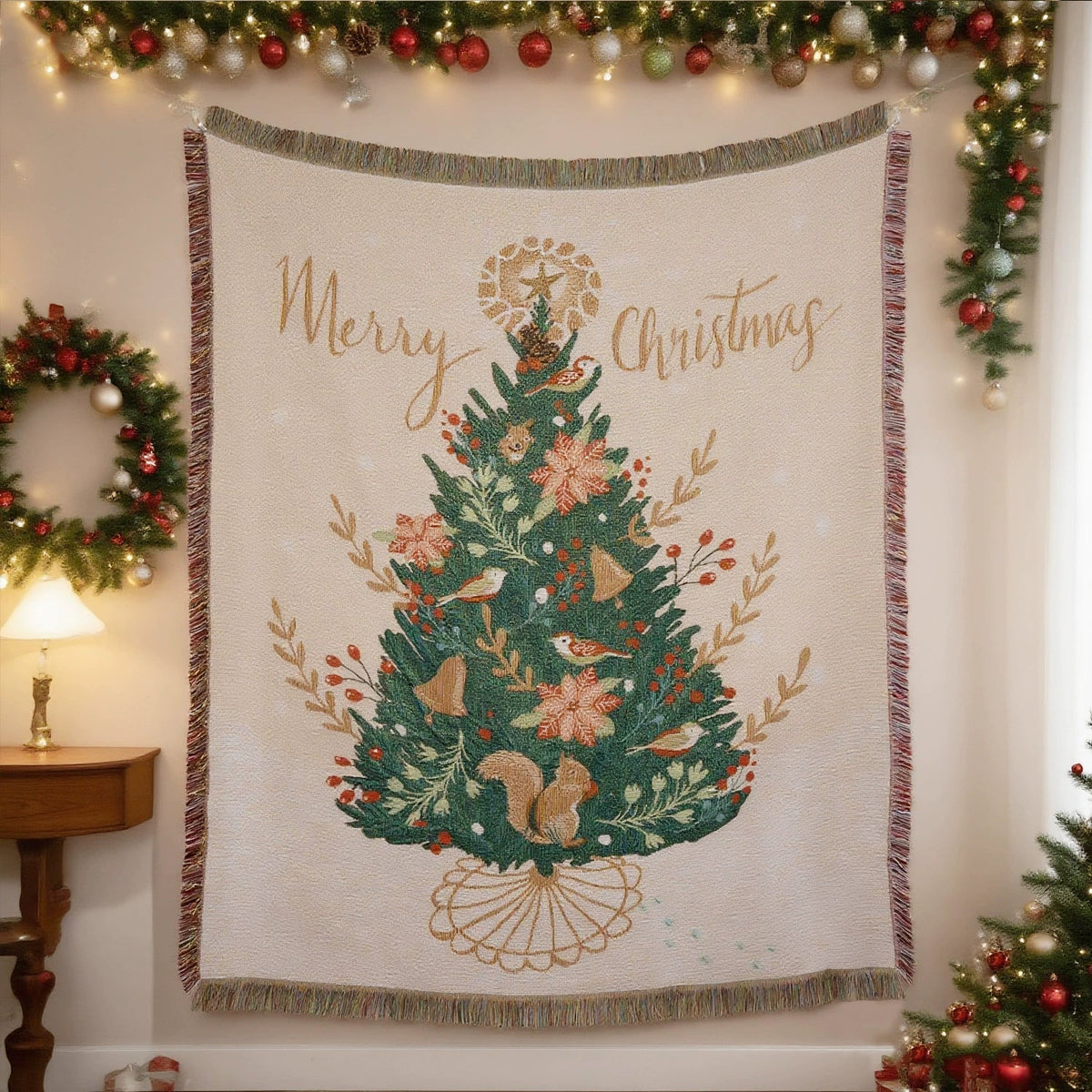 Christmas Squirrel Tree Jacquard Tapestry Throw — product view 1