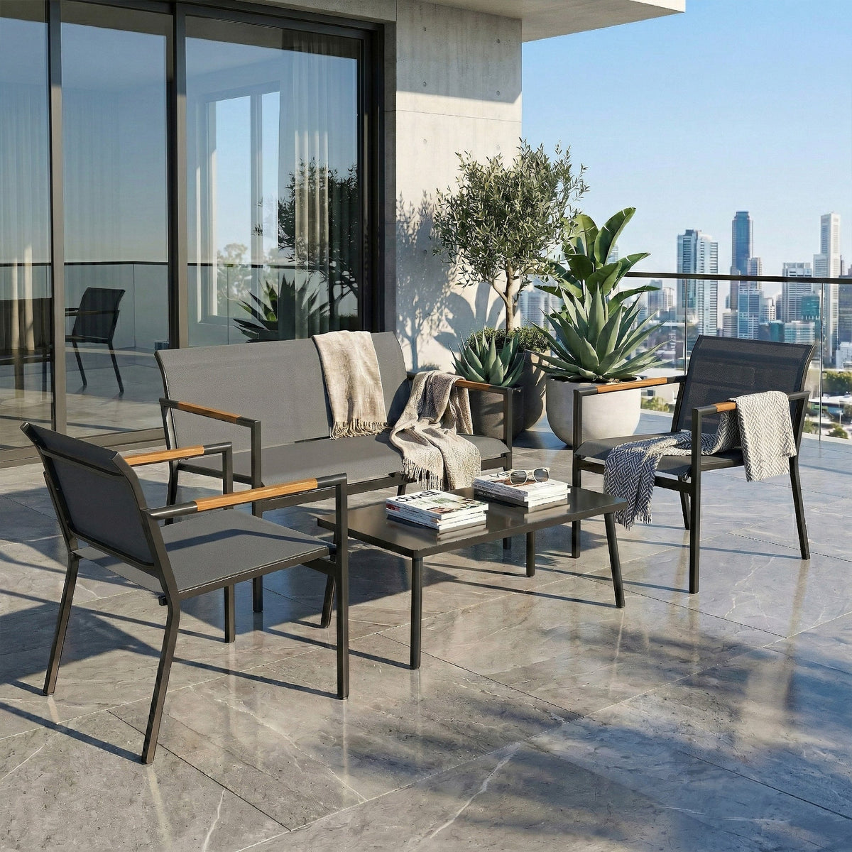 4-Seater Outdoor Sofa Set with Loveseat, 2 Armchairs & Metal Table, Mesh, Grey — product view 3