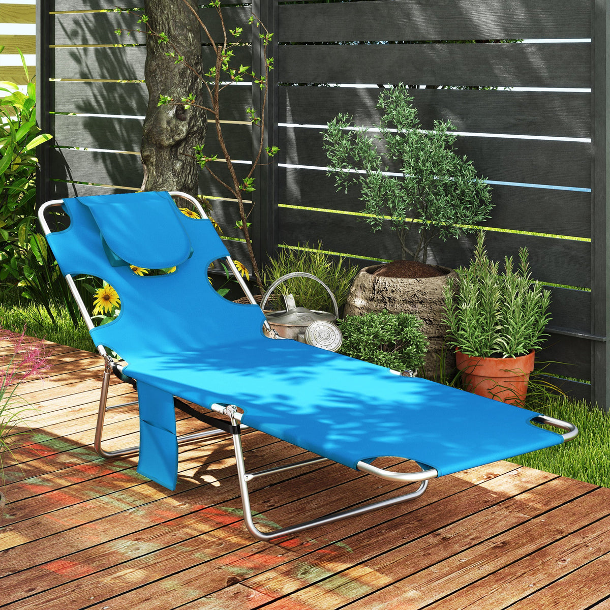 Folding Lounge Chair with Face Hole, Side Pocket and Strap, Blue — product view 3