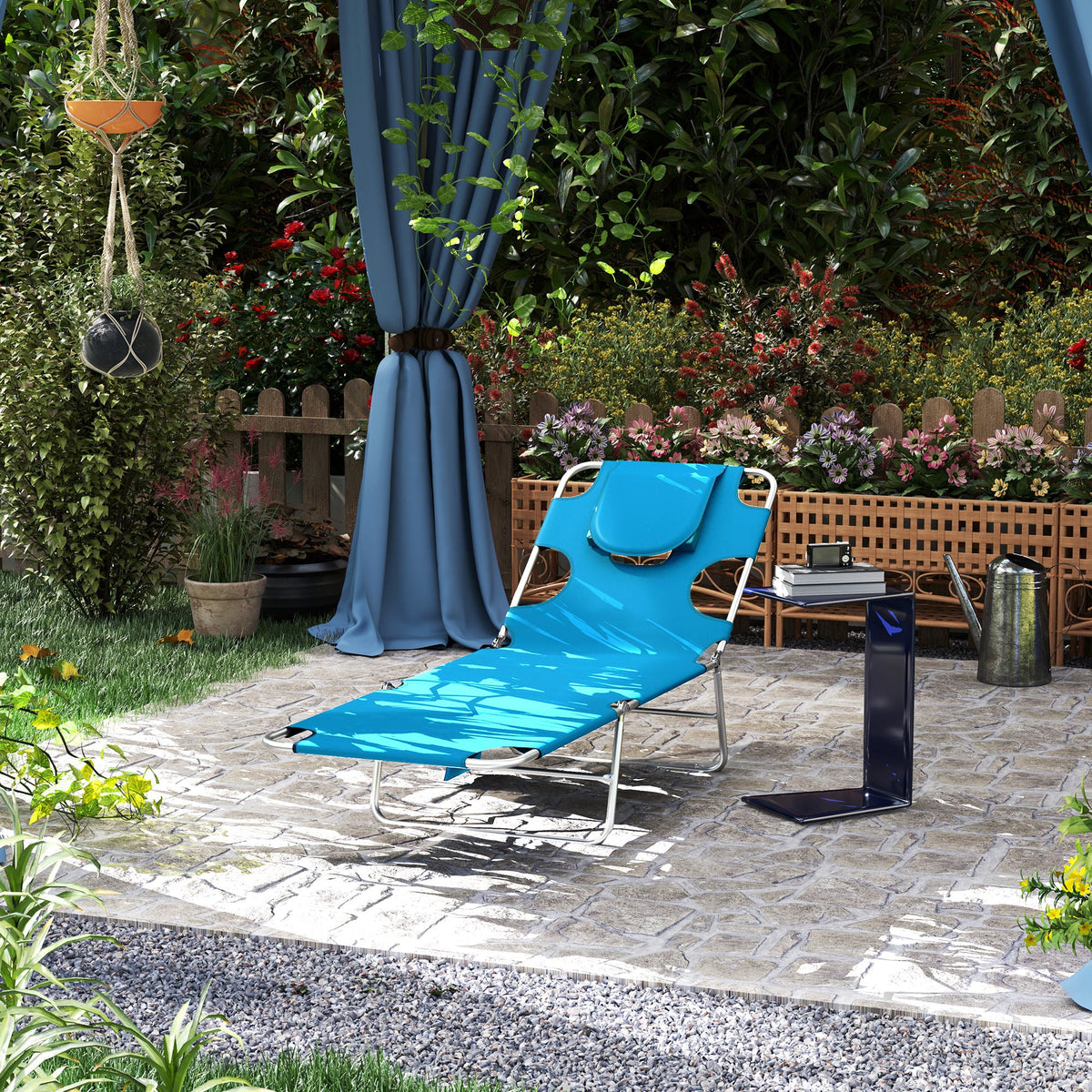 Folding Lounge Chair with Face Hole, Side Pocket and Strap, Blue — product view 4