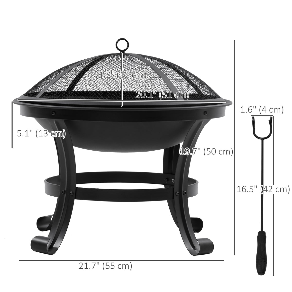 21.7" Outdoor Fire Pit with Mesh Lid and Poker, Black — product view 5