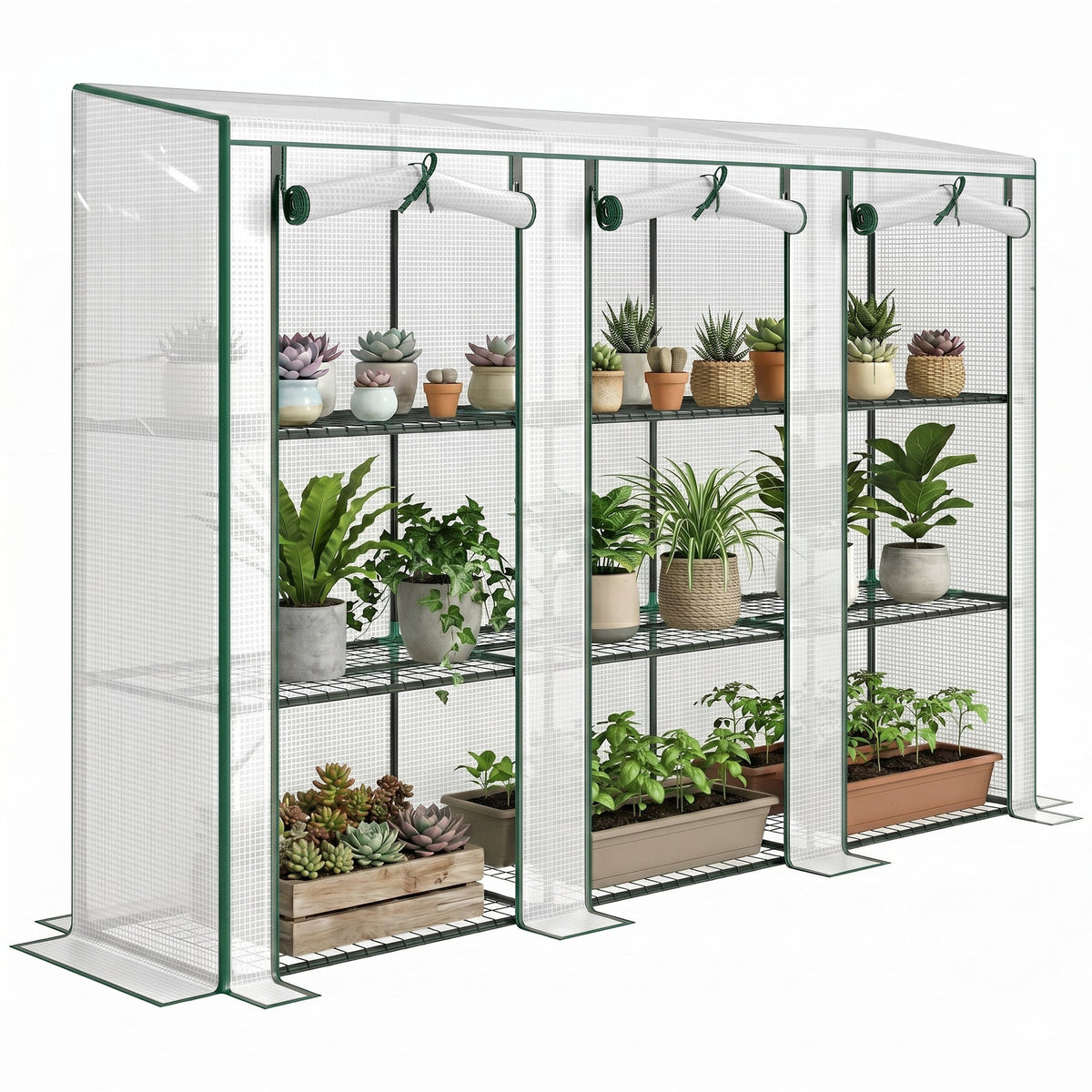Lean-to Greenhouse 84.6" x 18.1" x 56.7" with 3 Shelves & 3 Rollup Doors, White — product view 1