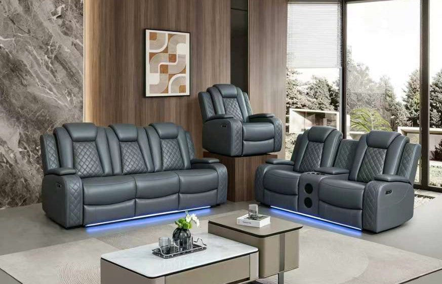Mc Ferran Sheila Grey Premium Leather Air 2-Piece Power Reclining Sofa and Love Seat Set – SF2826-2PC — product view 1