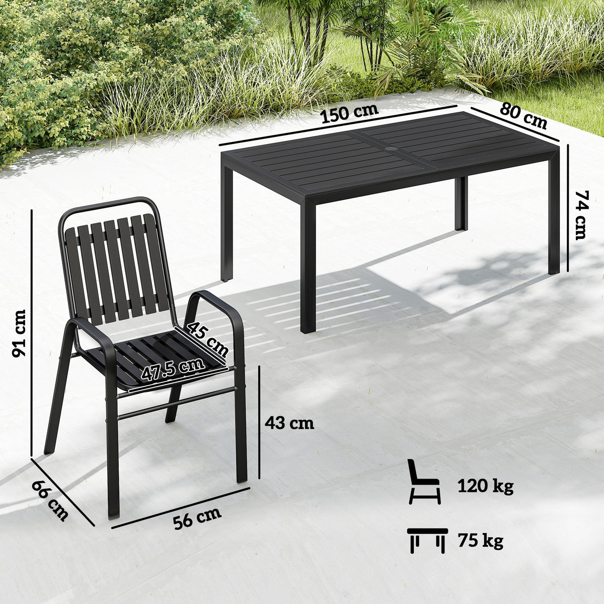7 Piece Garden Dining Set with Stackable Chairs and Umbrella Hole, Black — product view 5