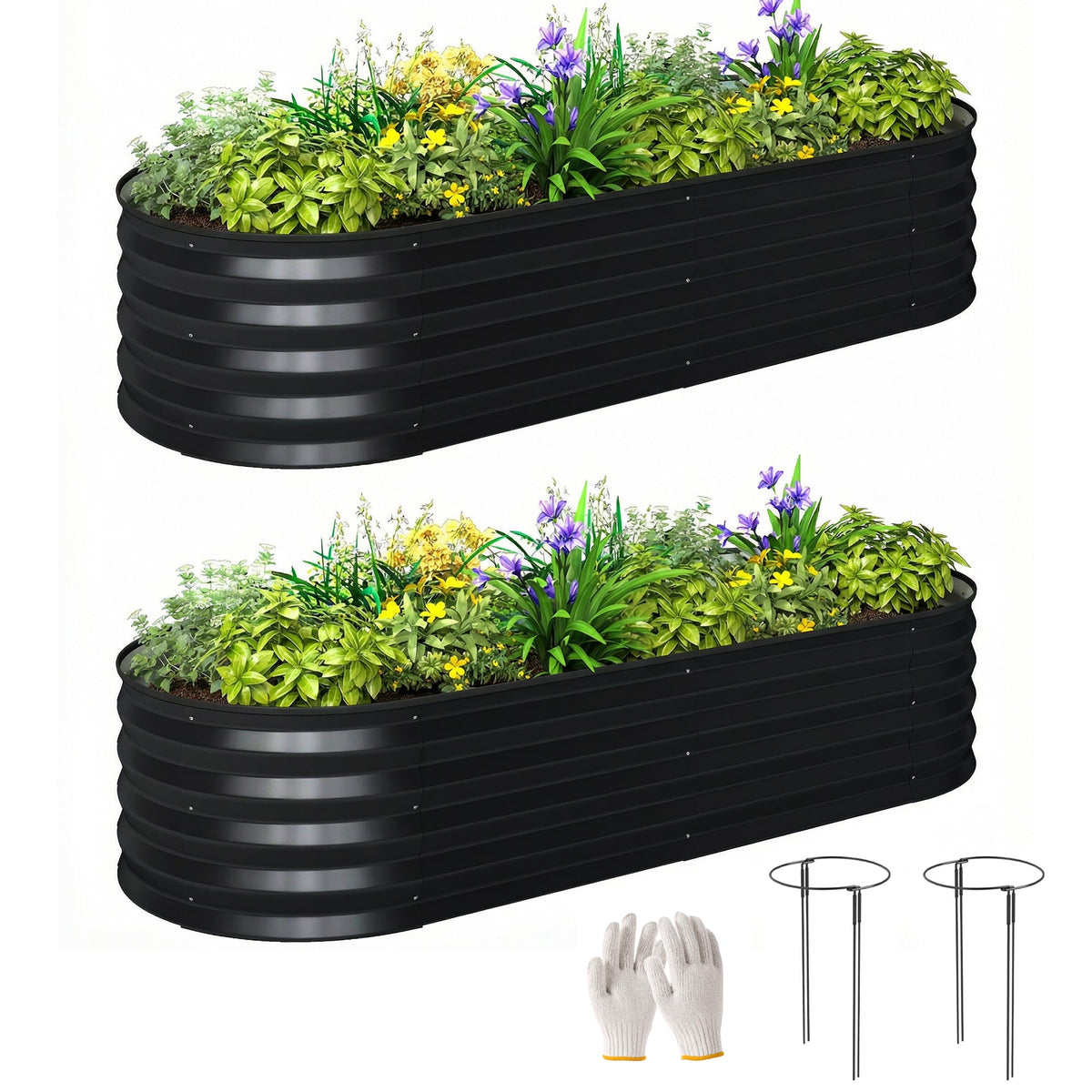 Set of 2 Galvanised Raised Beds with Stakes, 150 x 60 x 30 cm, Dark Grey — product view 1