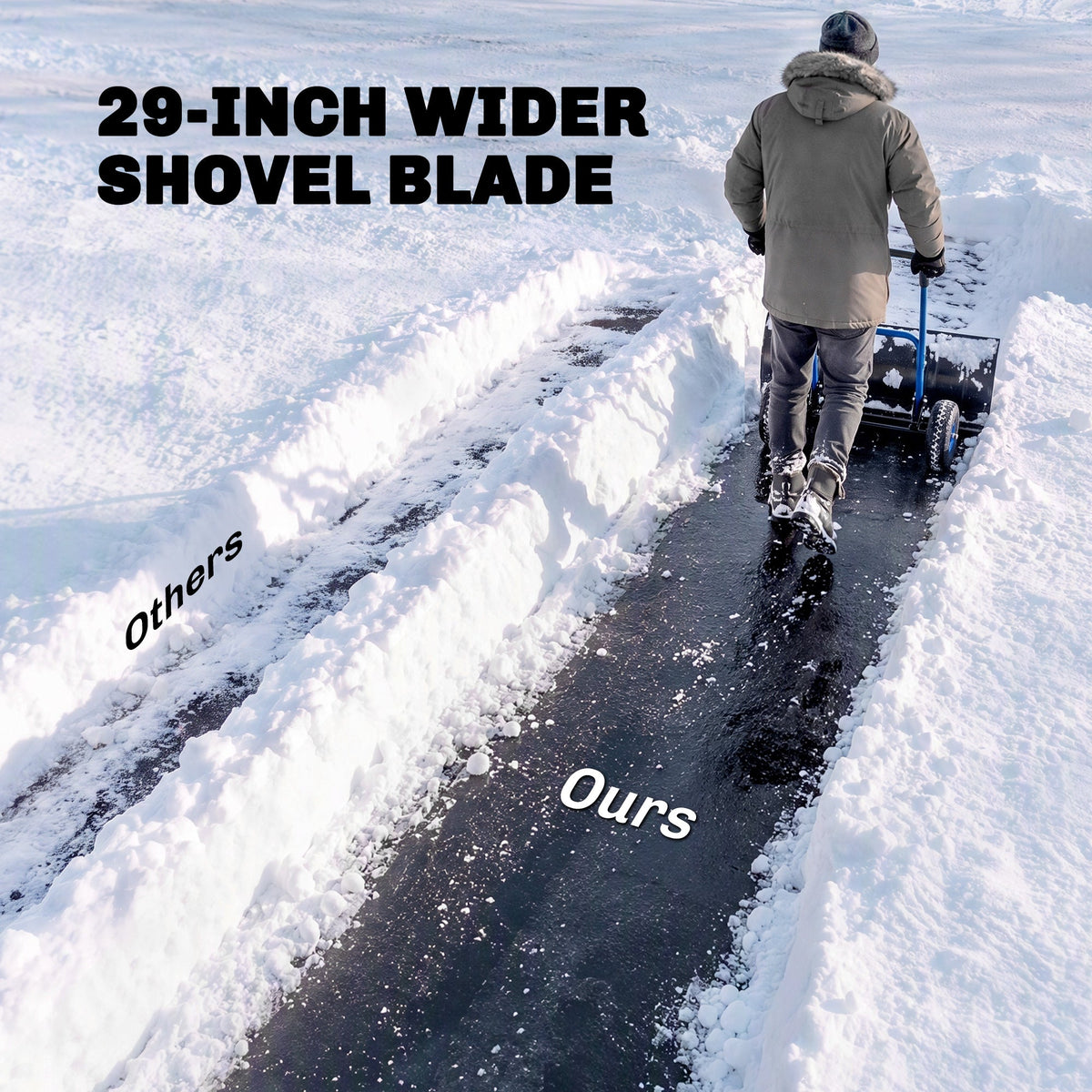 Heavy Duty Snow Pusher with Wheels, 29" x 16.5" Metal Blade, 5-Level Handle, Blue — product view 6
