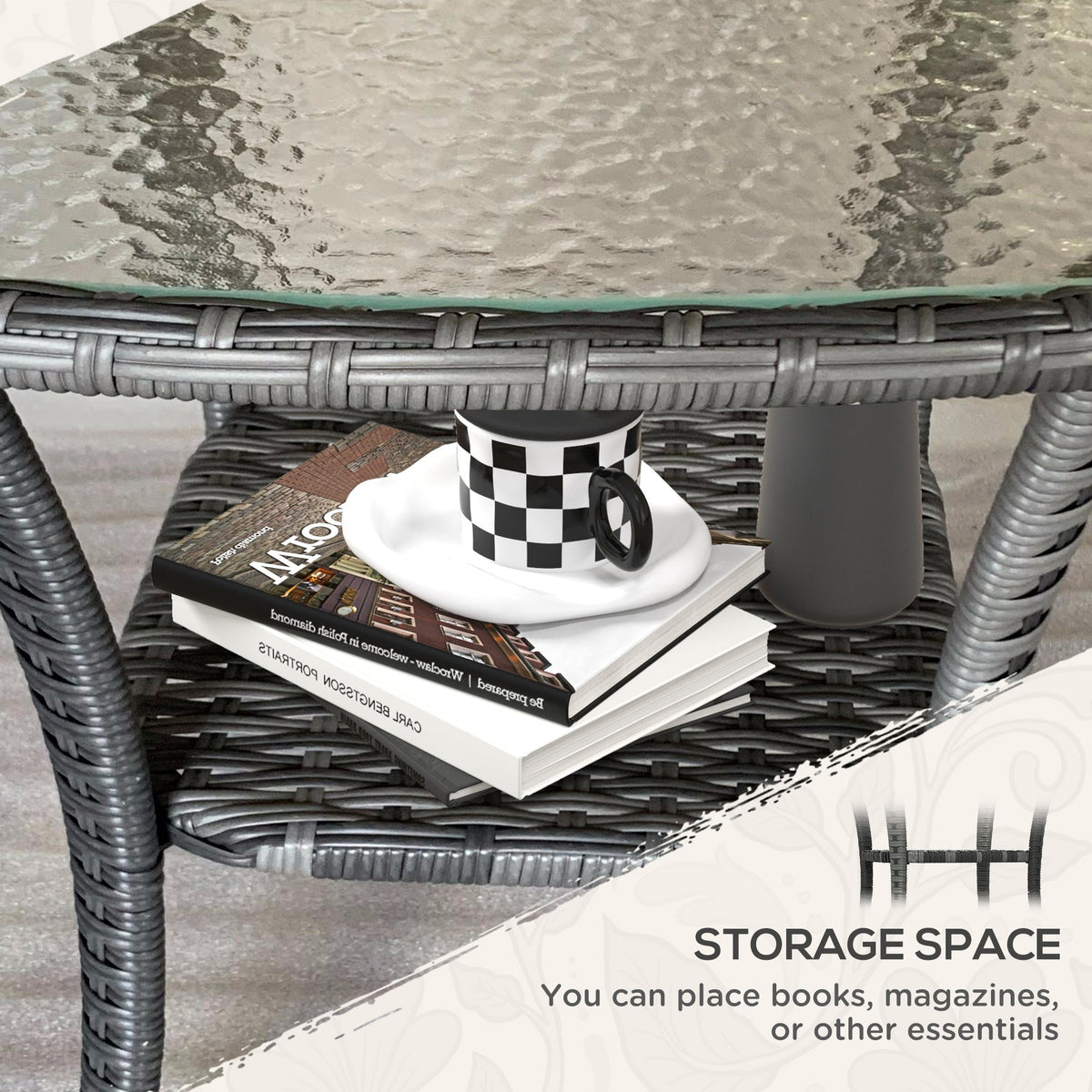 Rattan Coffee Table with Storage Shelf and Glass Top, Mixed Grey — product view 7