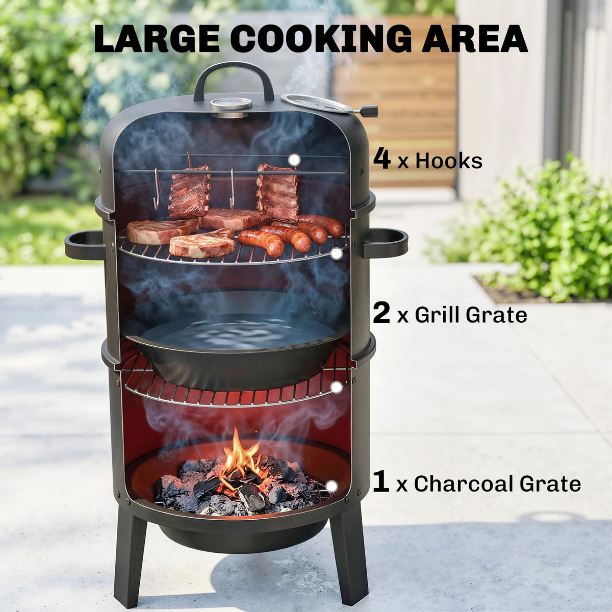 3-in-1 Vertical Charcoal Smoker with 2 Grill Grates — product view 7