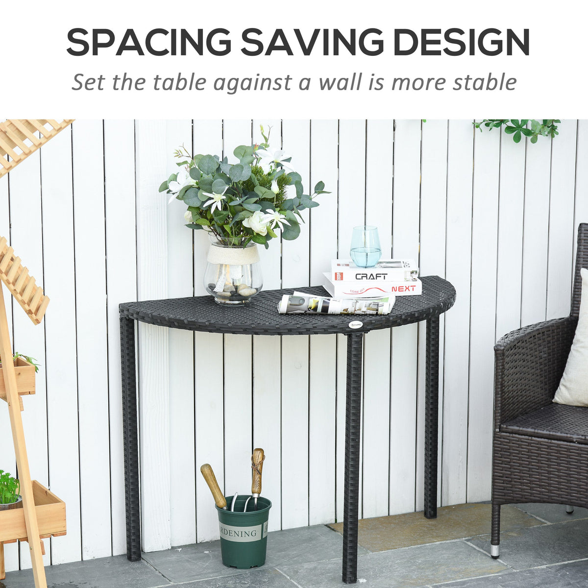 39.4" Half Round PE Rattan Side Table with Metal Frame, Black — product view 7