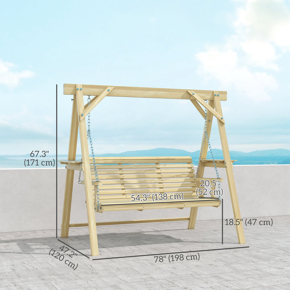 3 Seat Porch Swing with Stand and Side Tables, Natural Wood — product view 5