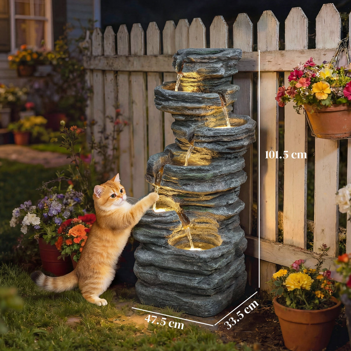6-Tier Resin Rock Garden Fountain with Cascading Waterfall and LED Lights, Grey — product view 5