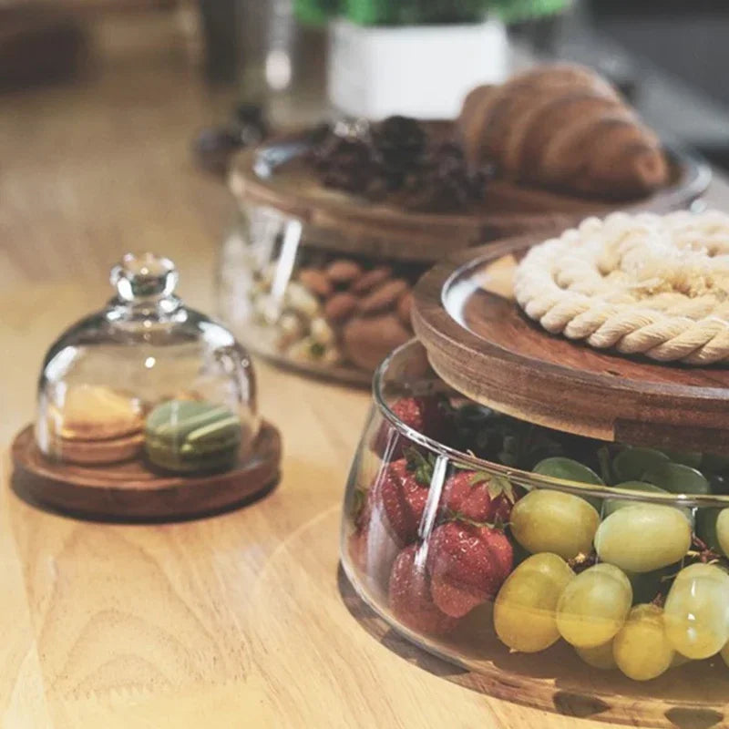 LoungeYard | Glass bowl with wooden lid – Sturdy storage bowl for snacks and sweets — product view 1