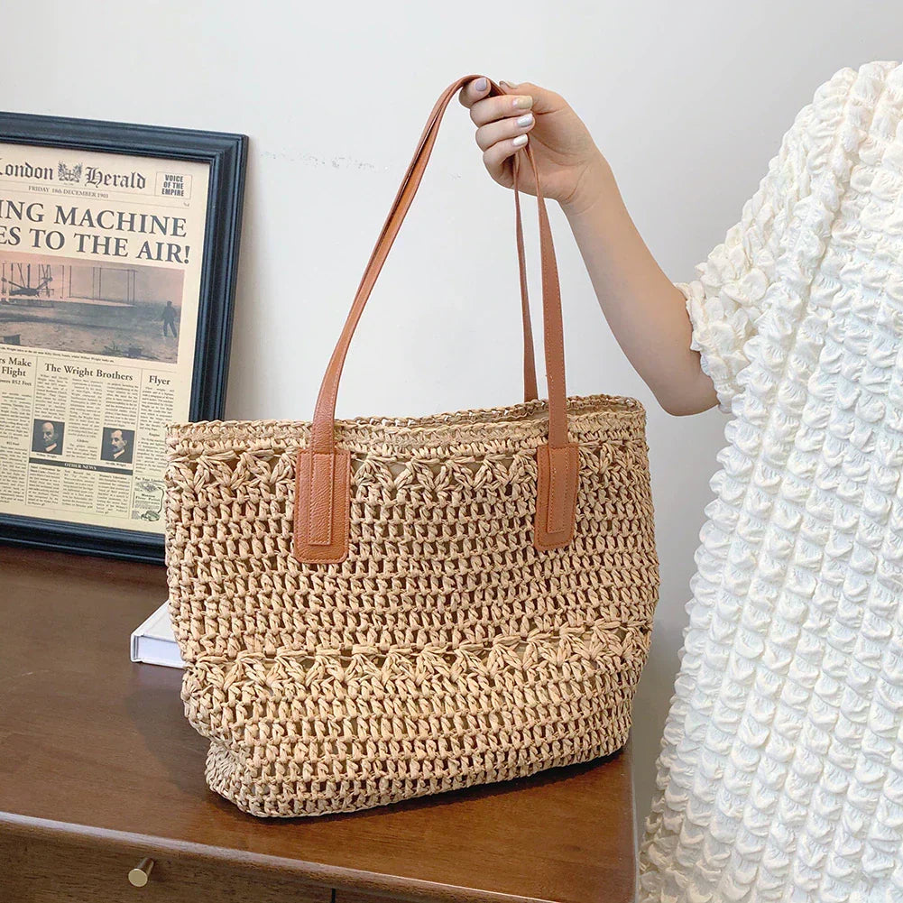 LoungeYard | Genevieve | Chic Straw Tote Bag with Genuine Leather Straps – Elegant Summer Handbag — product view 2