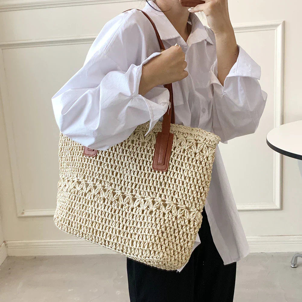 LoungeYard | Genevieve | Chic Straw Tote Bag with Genuine Leather Straps – Elegant Summer Handbag — product view 4