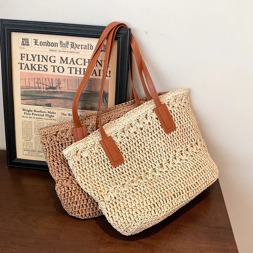 LoungeYard | Genevieve | Chic Straw Tote Bag with Genuine Leather Straps – Elegant Summer Handbag — product view 5