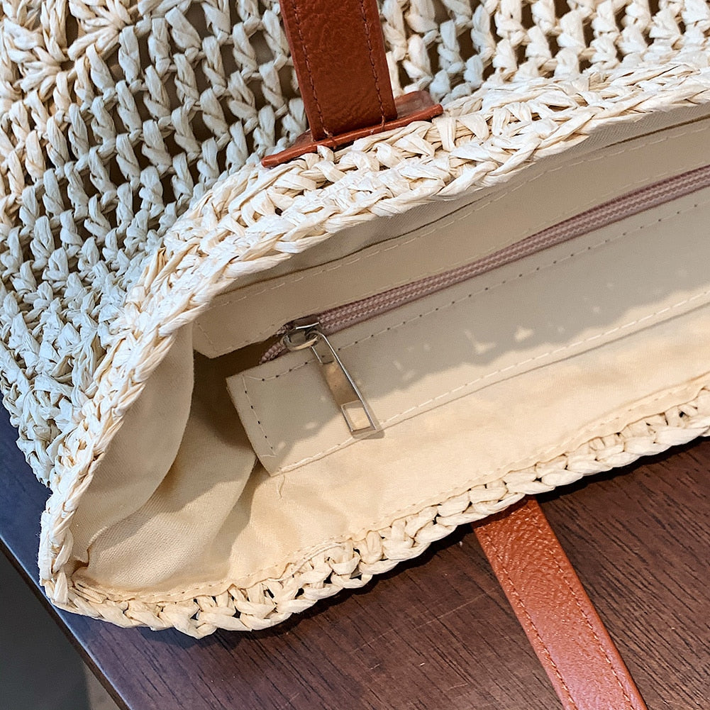 LoungeYard | Genevieve | Chic Straw Tote Bag with Genuine Leather Straps – Elegant Summer Handbag — product view 3