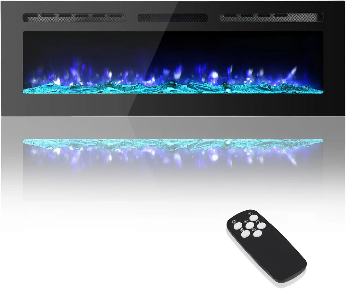 60 Inch Slim Recessed Electric Fireplace, Wall Mounted Linear LED Fireplace with Digital Thermostat, Blower Fan & Remote, 750-1500W, Black — product view 2