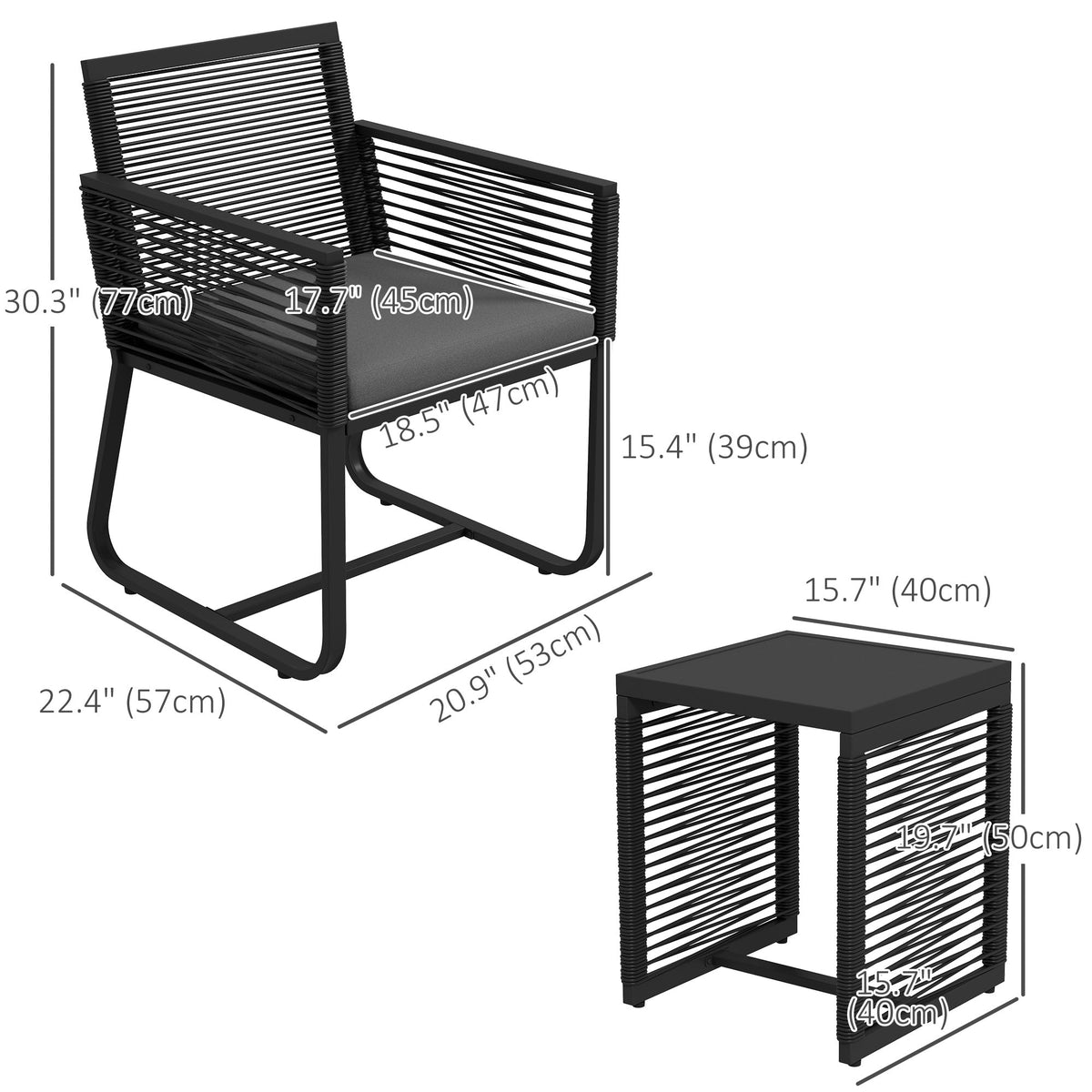 3 Piece Wicker Patio Furniture Set with Glass Top Table and Cushions, Black — product view 5