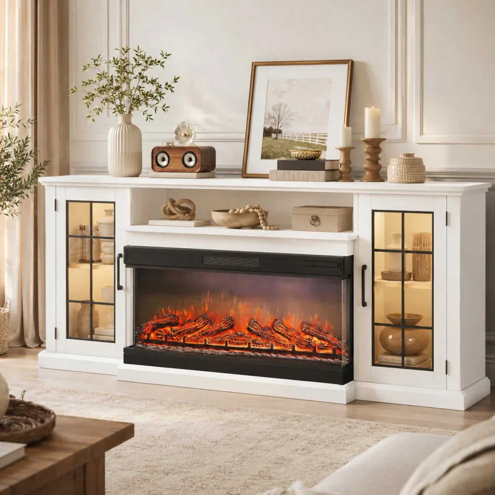 75 Inch Fireplace TV Stand with 3-Sided Glass Fireplace, Farmhouse Entertainment Center for 80 Inch TV, 12 Flame Colors, 5000 BTU, Storage Cabinet — product view 2