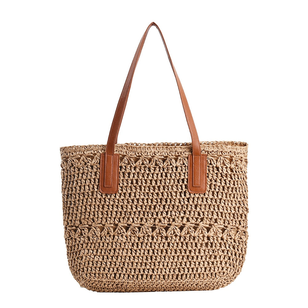LoungeYard | Genevieve | Chic Straw Tote Bag with Genuine Leather Straps – Elegant Summer Handbag — product view 7