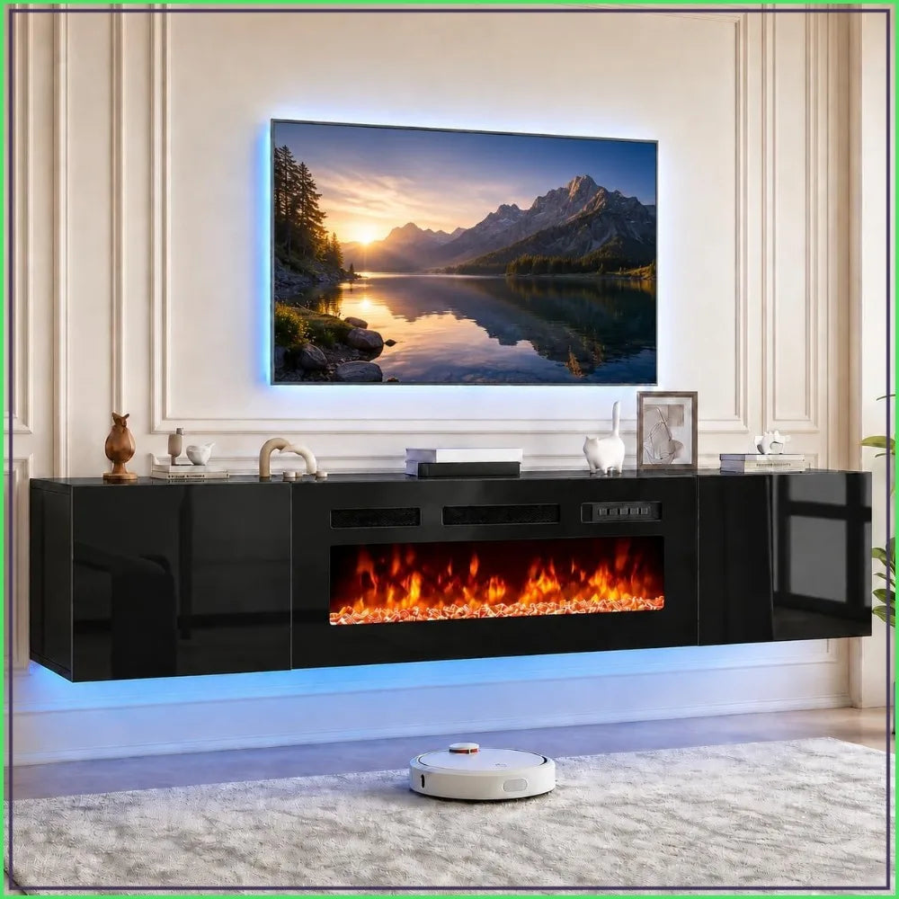 80 Inch Floating TV Stand with 40 Inch Electric Fireplace & LED Lights, Wall Mounted Media Console for TVs up to 90 Inch — product view 2