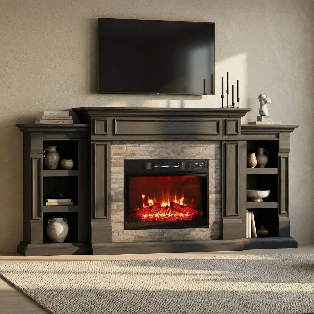 72 Inch Electric Fireplace TV Stand with Mantel for TVs up to 80 Inch, Modern Black Entertainment Center — product view 1