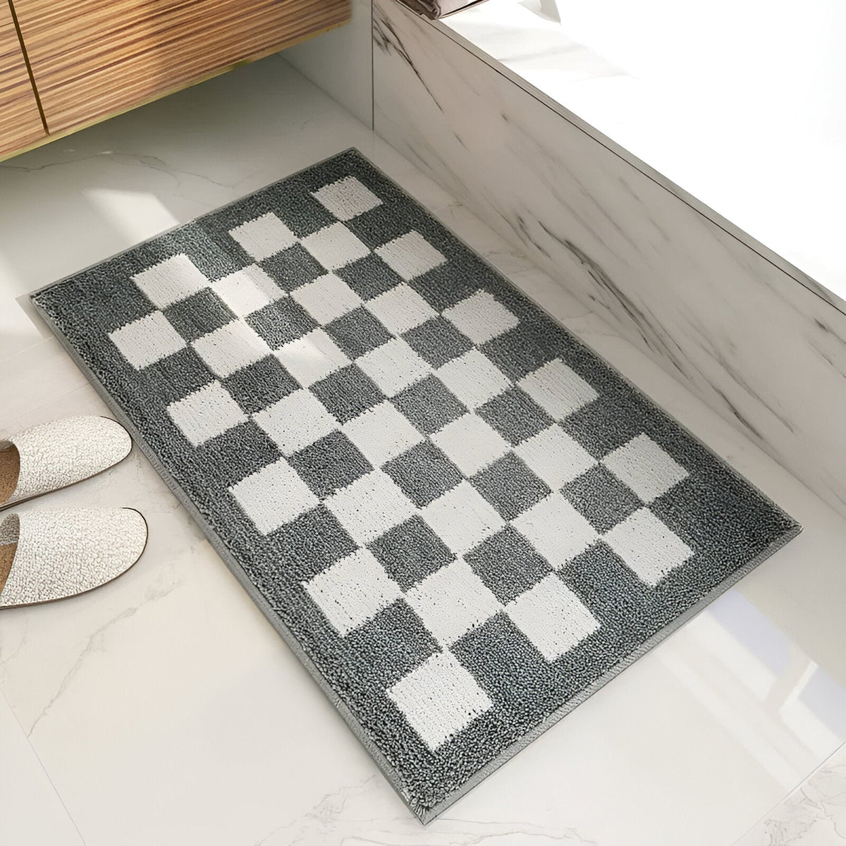 LoungeYard | Plush Checkered Microfiber Bath Mat Black and White — product view 5