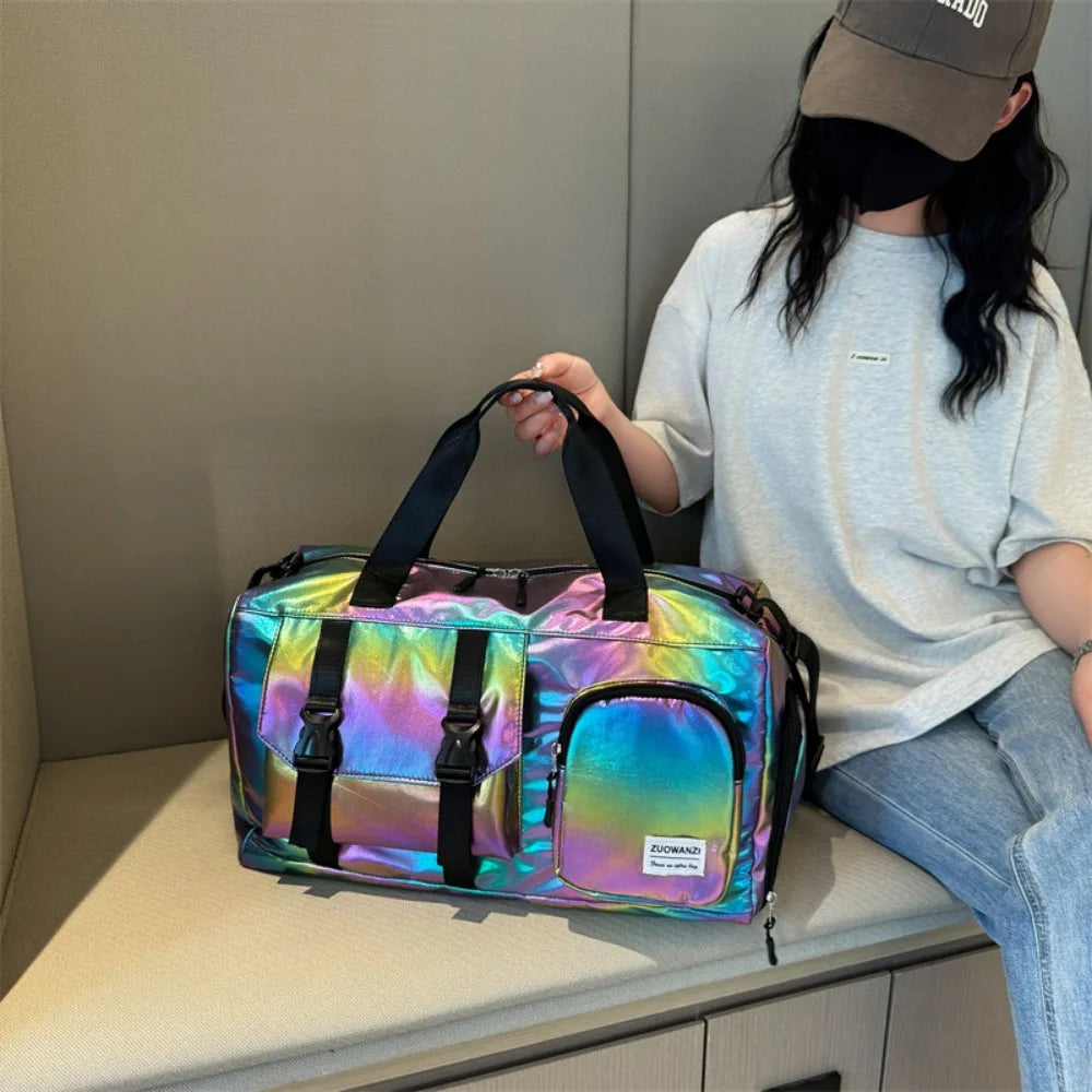 LoungeYard | Lumivista Holographic Travel Bag | Stylish Weekender Shoulder Bag with Shoe Compartment | Perfect for Weekend Trips & Short Journeys — product view 3