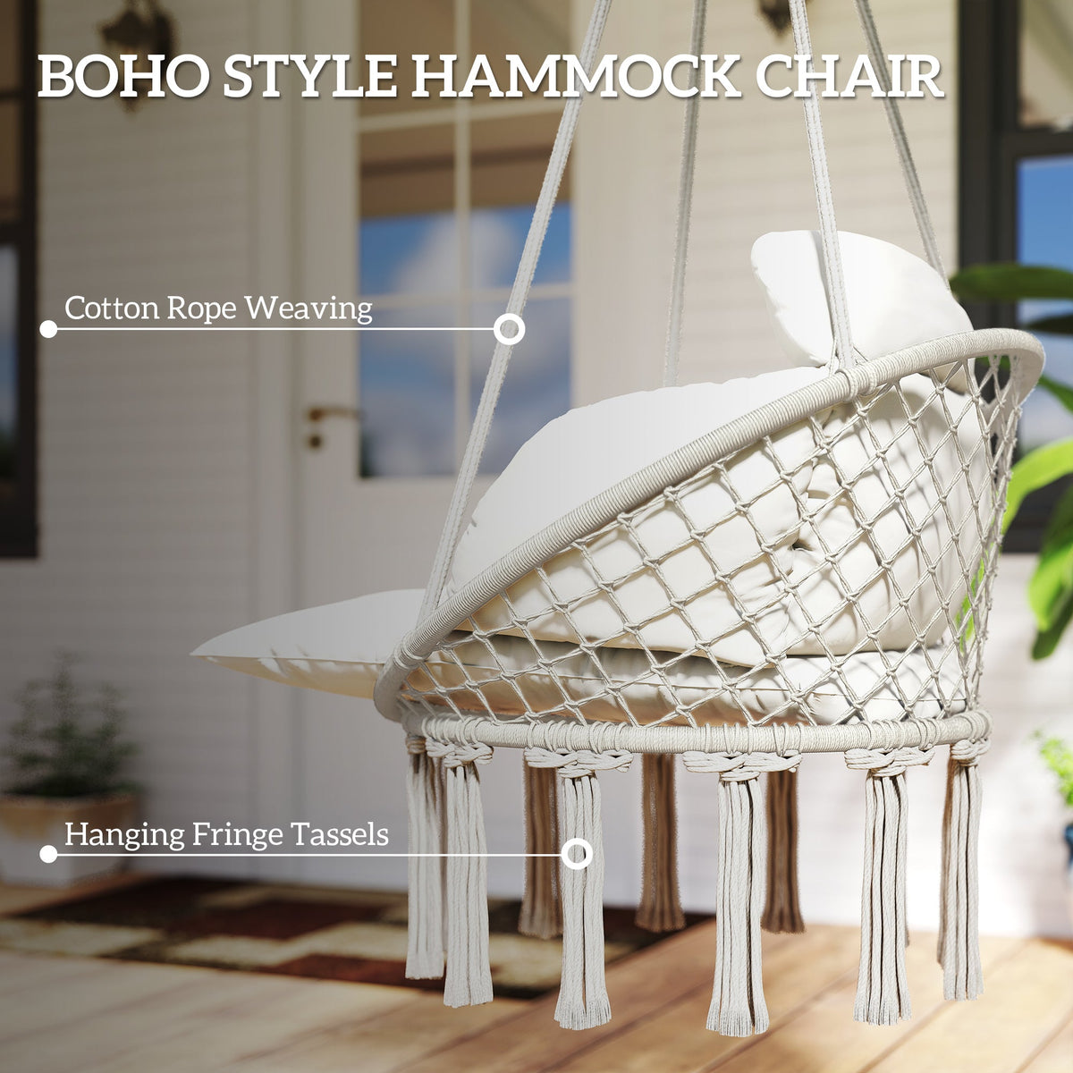 Macrame Hammock Swing Chair with Cushion, Cream White — product view 7