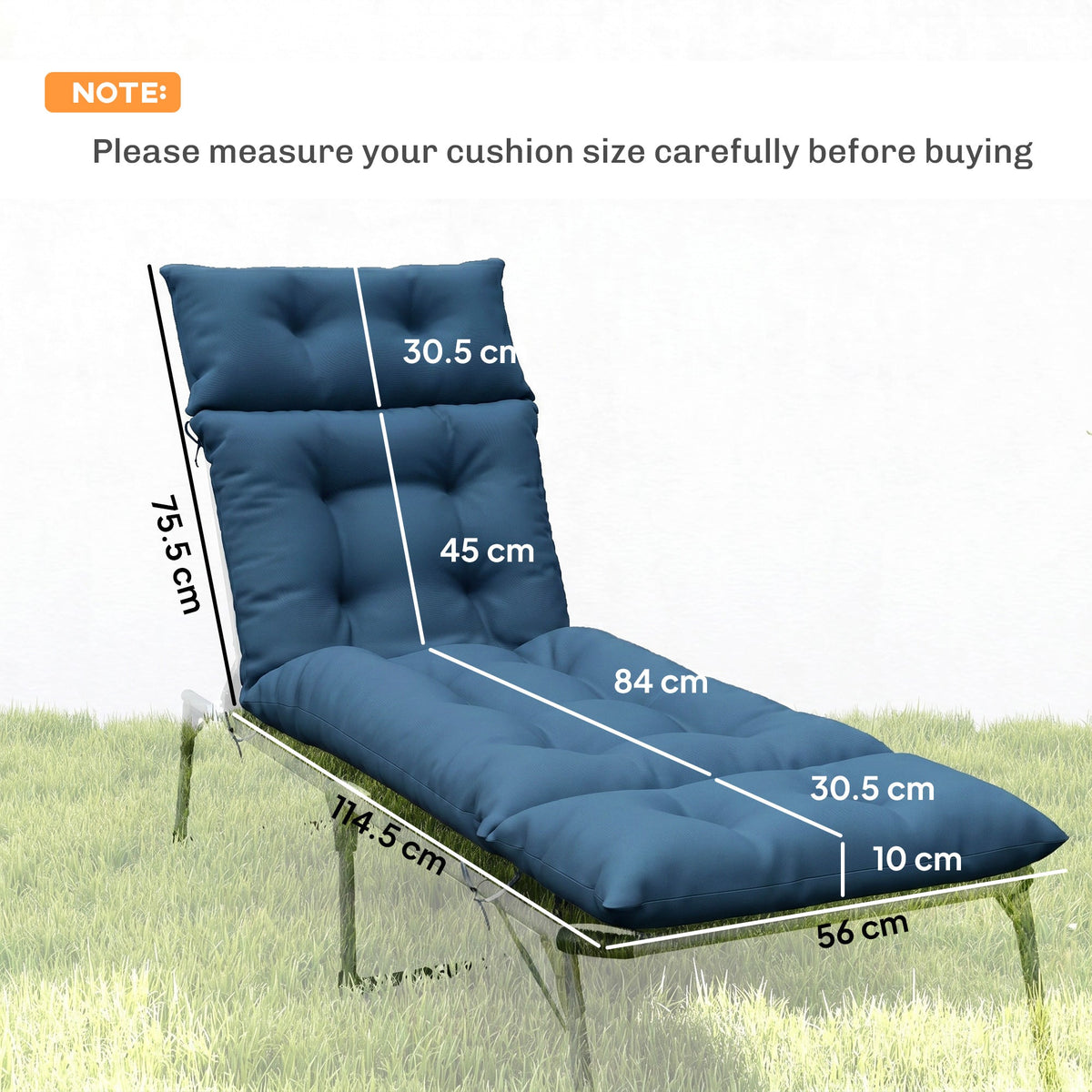 190x56x10cm Sun Lounger Cushions Set of 2 with 6 Ties, Thick 220gsm, Navy Blue — product view 5