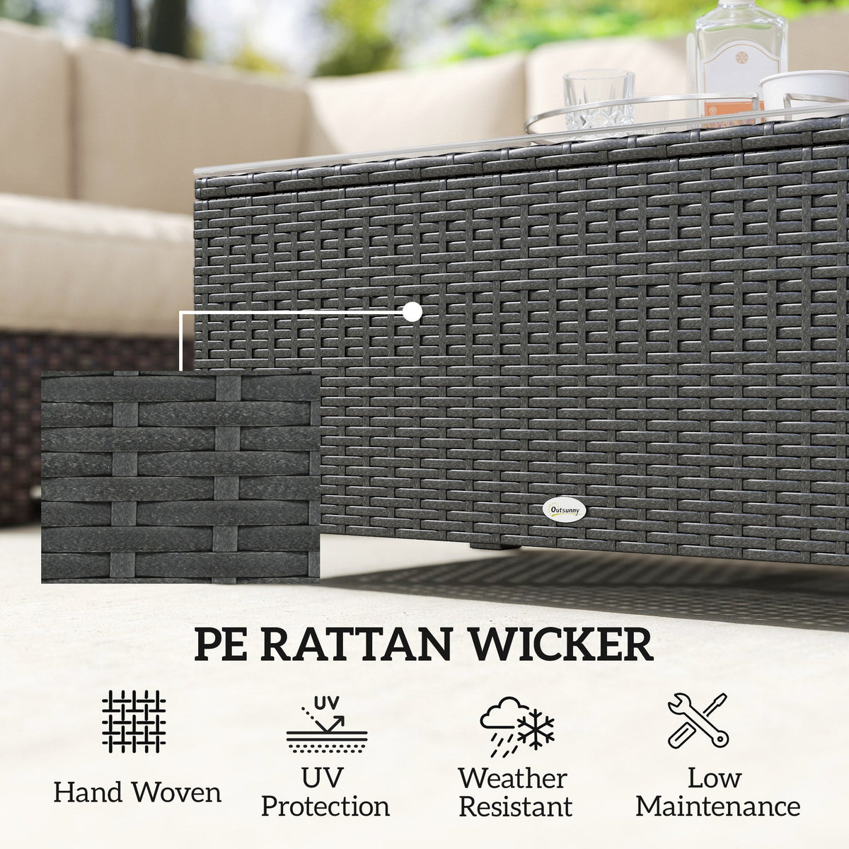 Rattan Coffee Table with Tempered Glass Top, Dark Grey — product view 6