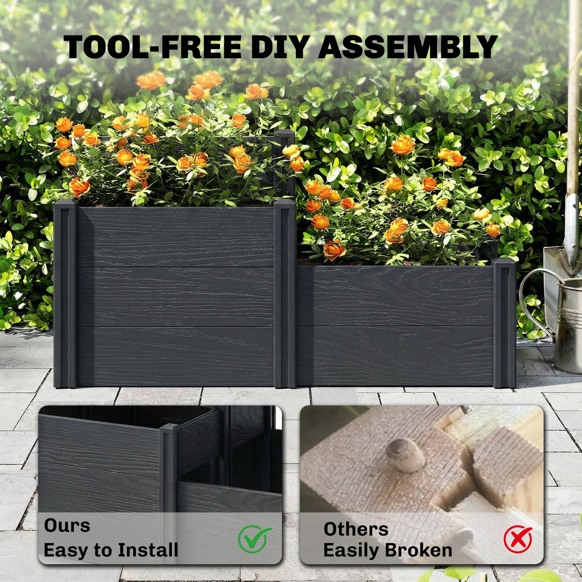 3-Tier Vinyl Raised Garden Bed with Open Bottom, Grey Wood Effect — product view 6