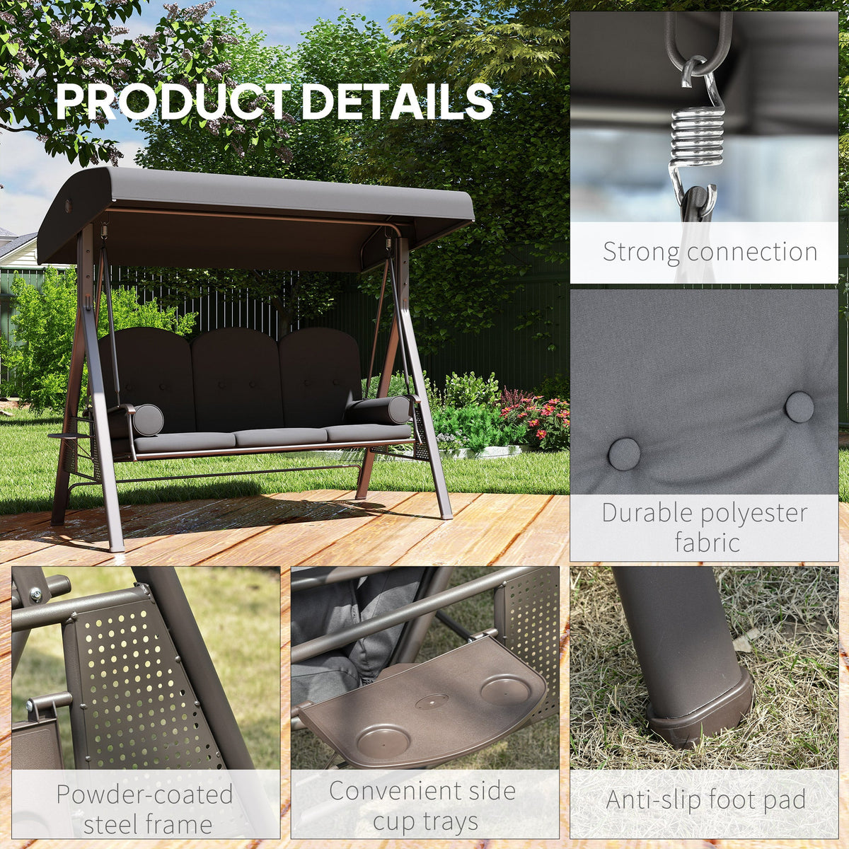 3 Seater Canopy Swing Chair with Cushions & Cup Trays, Dark Grey — product view 7