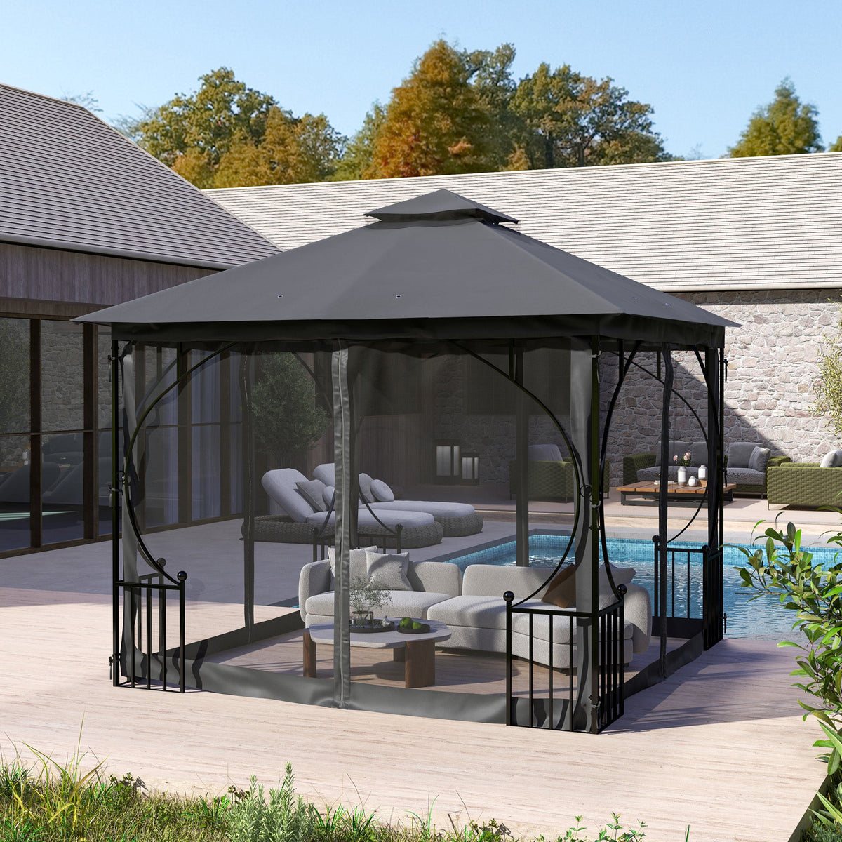 3 x 3m Garden Gazebo with Double Tier Roof & Netting, Dark Grey — product view 4