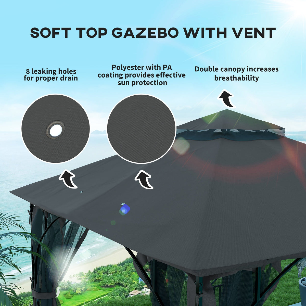 3 x 3m Garden Gazebo with Double Tier Roof & Netting, Dark Grey — product view 6