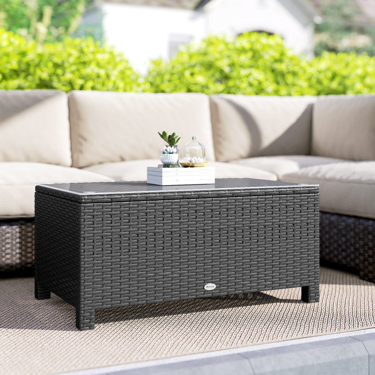 Rattan Coffee Table with Tempered Glass Top, Dark Grey — product view 3